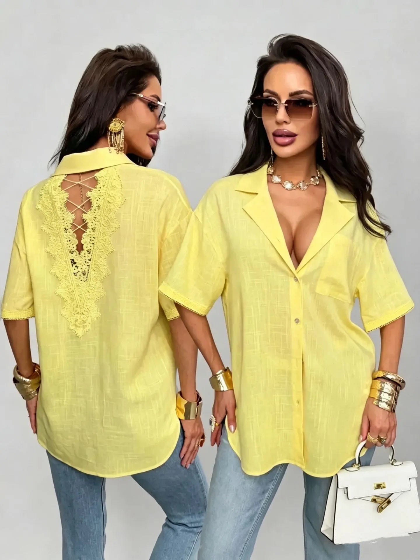 Solid Lapel Short Sleeve Back Hollow Lace Cutout Button Down Shirt