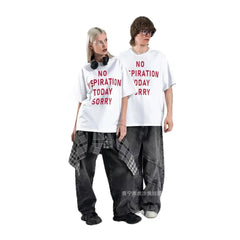 Four Lines Red Letter Print Crew Neck Oversized Loose Cotton Short Sleeve T-shirt