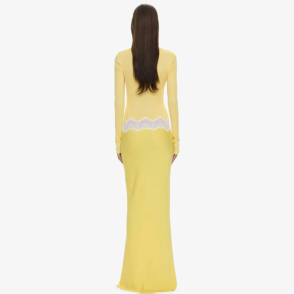 Contrast Color Spliced Hollow Out Long Sleeve Maxi Dress