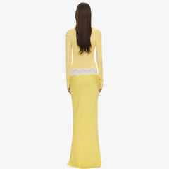 Contrast Color Spliced Hollow Out Long Sleeve Maxi Dress
