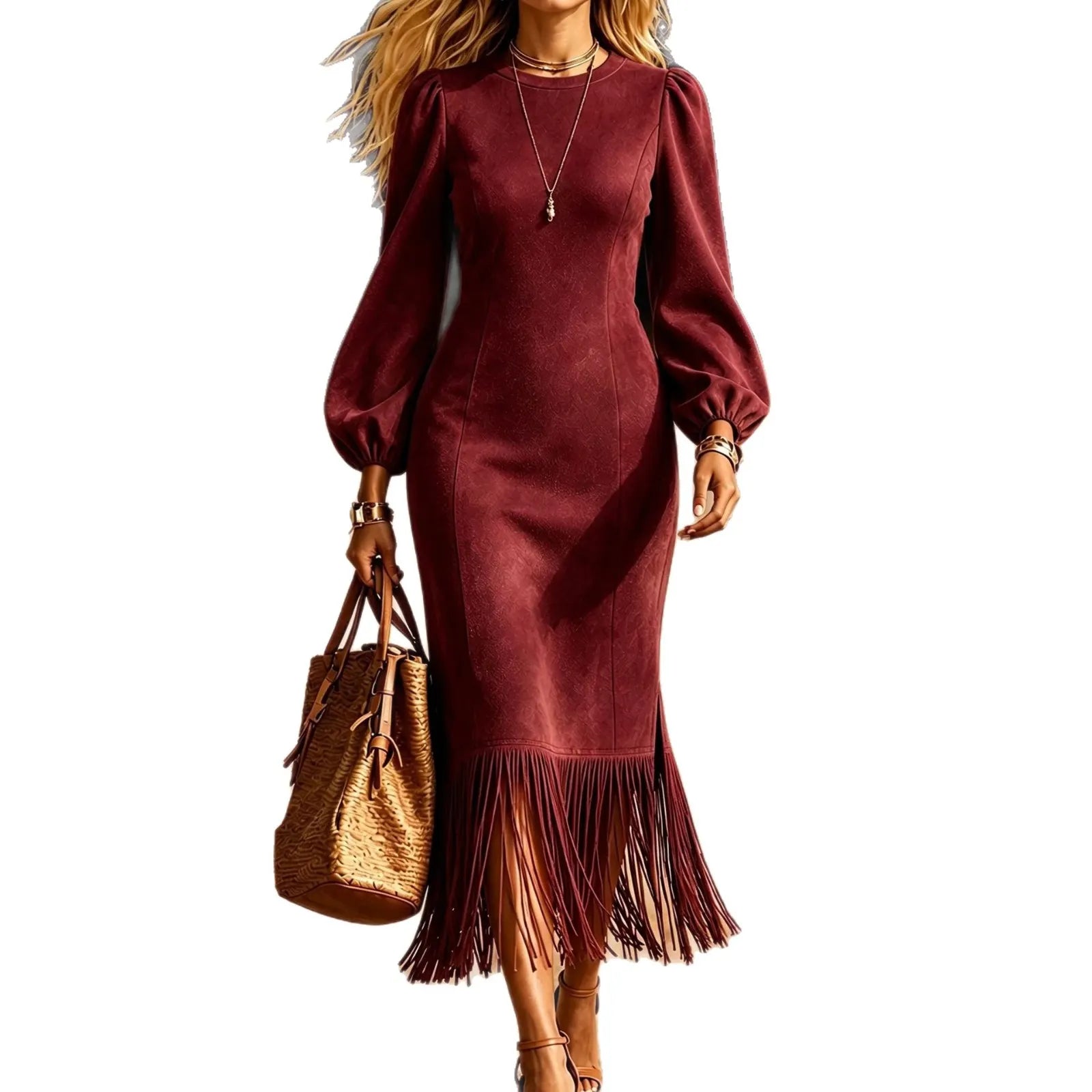 Fall Western Style Burgundy Faux Suede Dress Puff Sleeve Fringe Trim Side Slit Midi Dress for Women