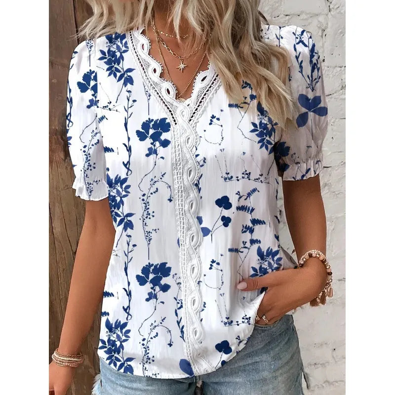 Floral Print Lace V-Neck Short Sleeve Casual Blouse