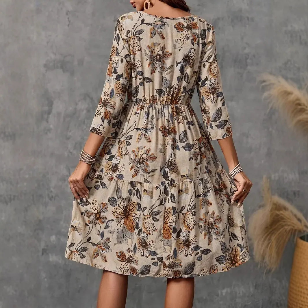 Round Neck All Over Floral Print High Waist Lantern Sleeve A-Line Midi Dress