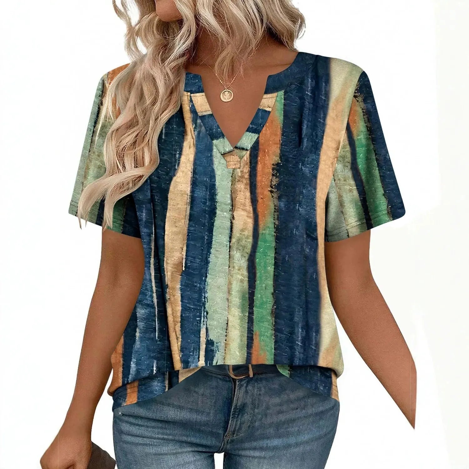 Color Block Vertical Stripe Split V Neck Short Sleeve Polyester Pullover Top