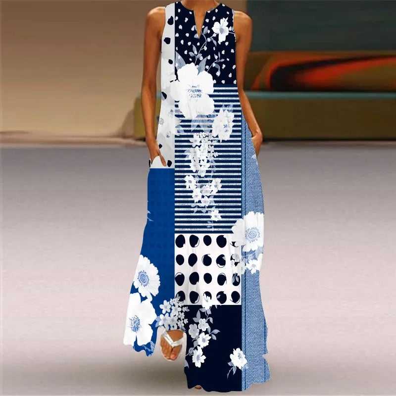 3D Butterfly Print V-Neck Sleeveless Loose A-Line Maxi Dress