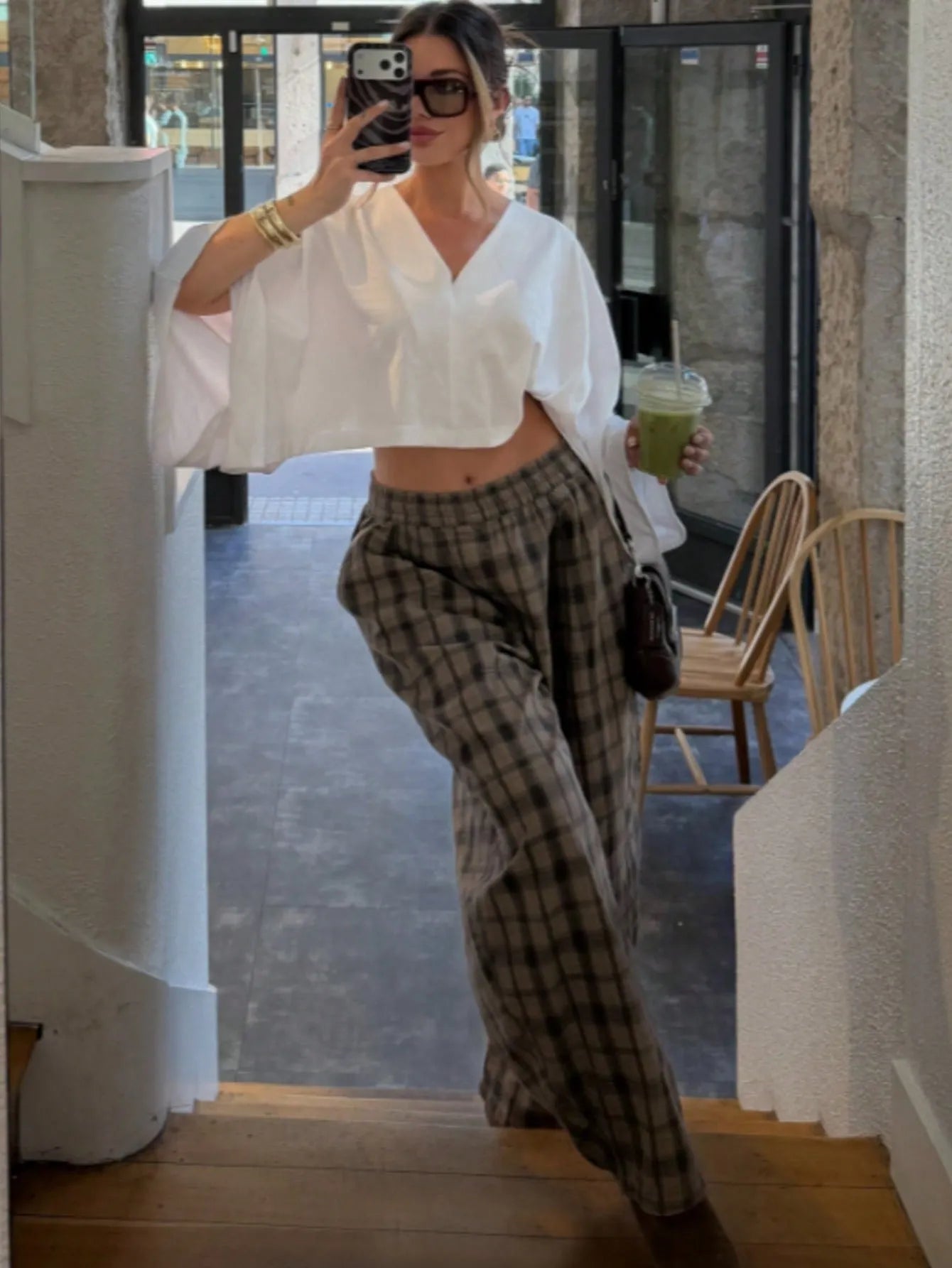 Plaid Elastic Waist Wide Leg Casual Pants