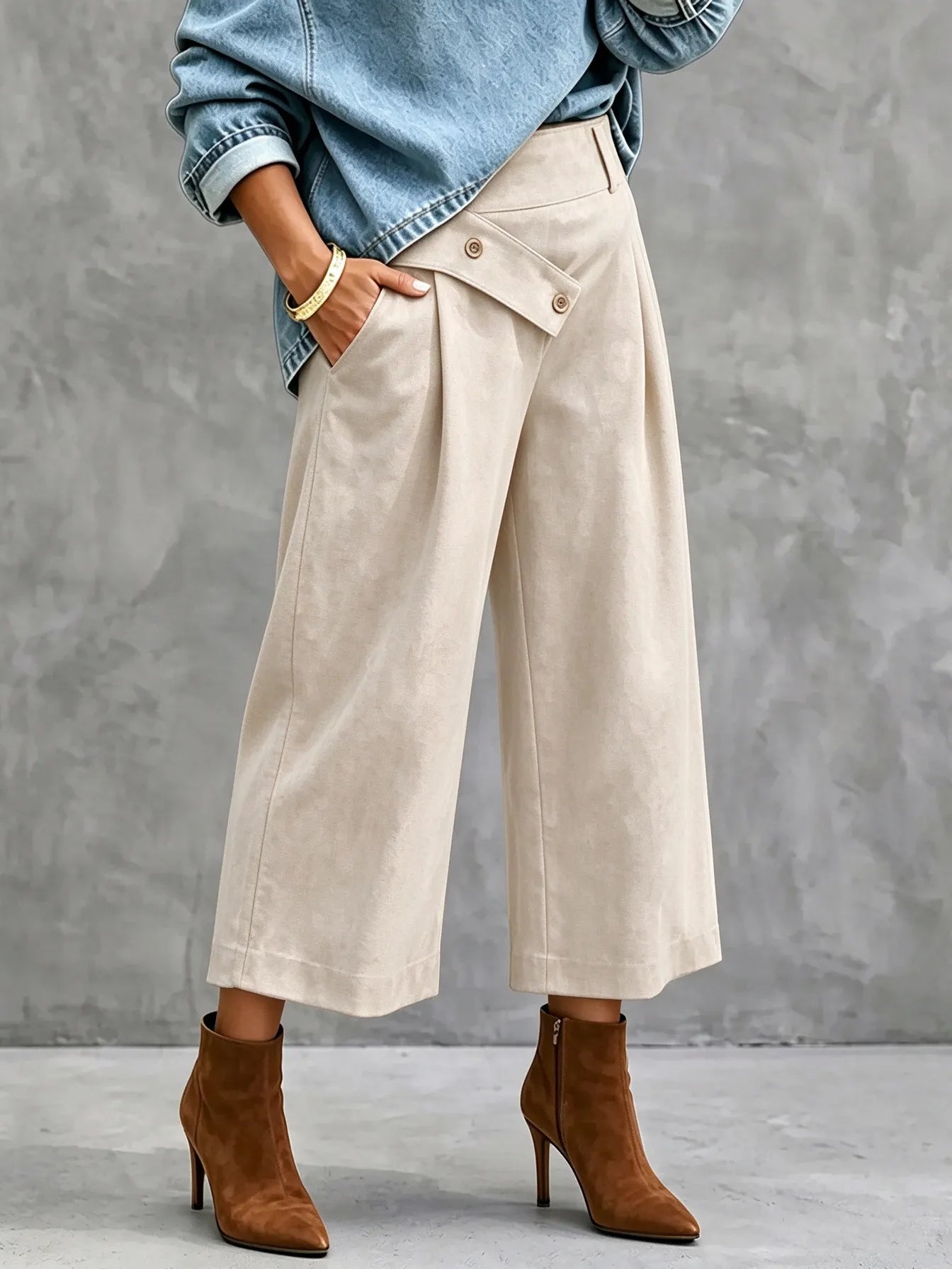 High Waist Wide Leg Trousers, Cross Over Asym Waist Pleated Black Casual Pants