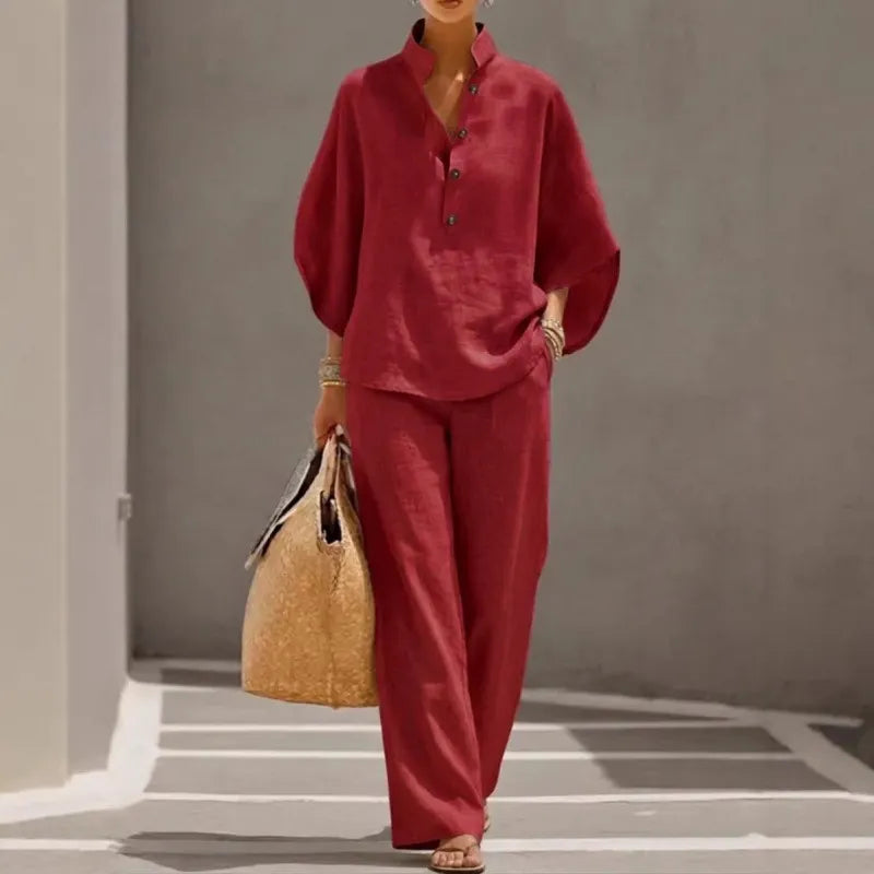 Solid Color Casual Two-Piece Shirt & Pants Set