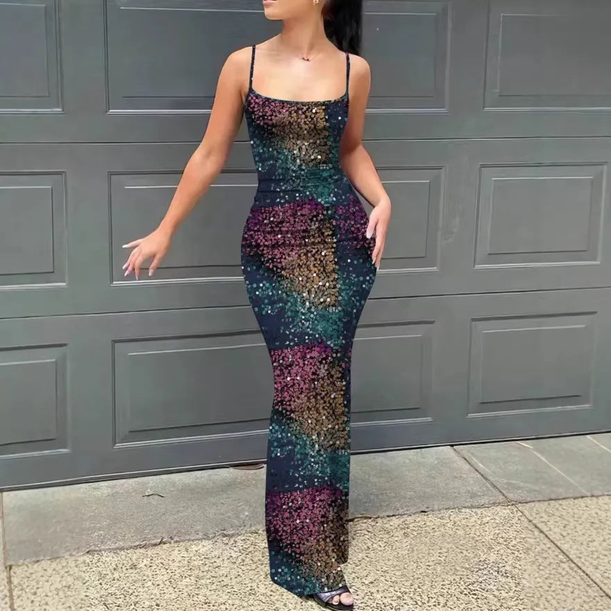 Gradient Sequin Spaghetti Strap Mermaid Maxi Dress, Square Neck Bodycon Evening Party Gown