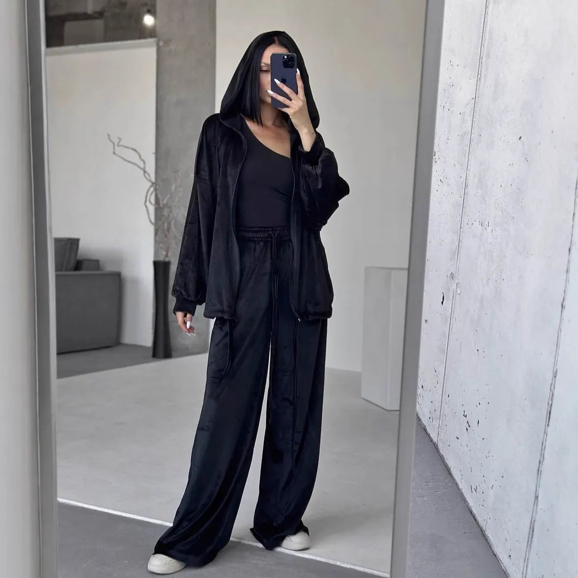Solid Casual Long Sleeve Top & Wide Leg Pants Streetwear