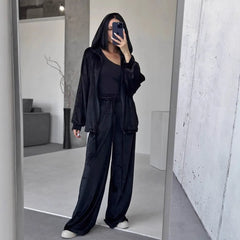 Solid Casual Long Sleeve Top & Wide Leg Pants Streetwear