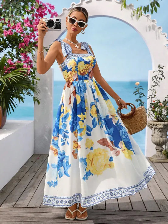 Tie Bow Spaghetti Strap Allover Mediterranean Floral Print Elastic Waist Flowy Midi Dress