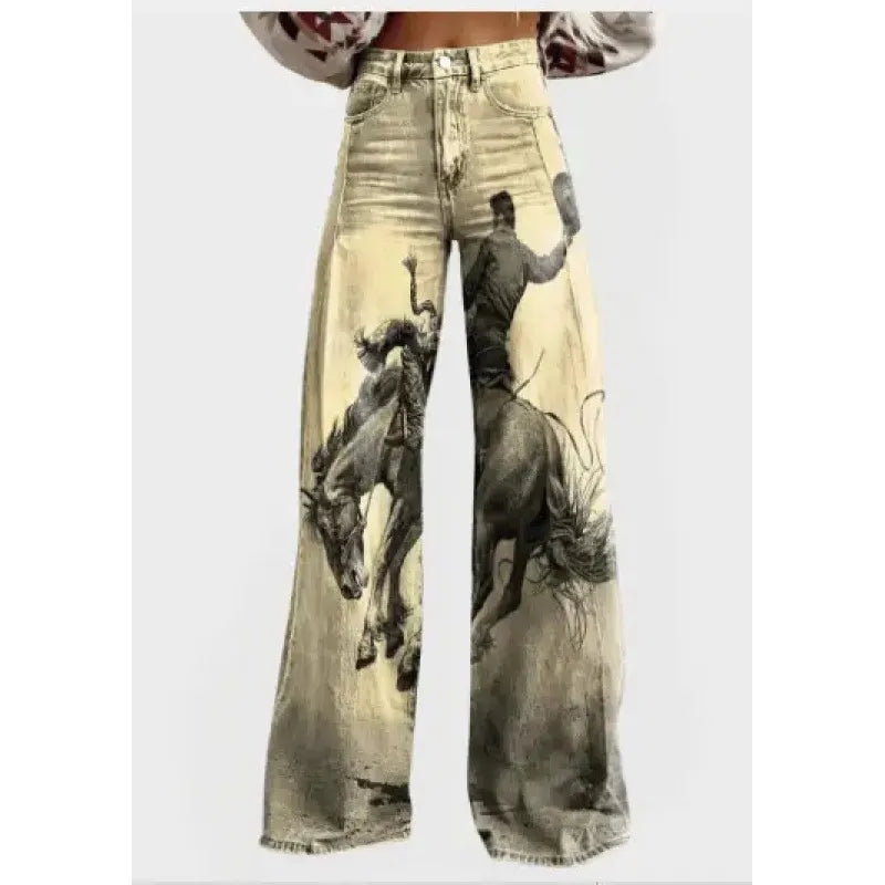 High Waist Western Cowboy Horse Print Wide Leg Pants