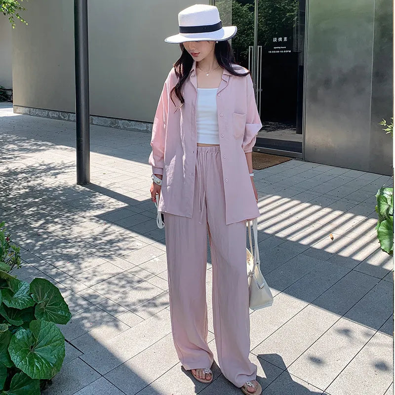Oversized Long Sleeve Shirt Drawstring Shorts / Pants 2 Piece Casual Suit