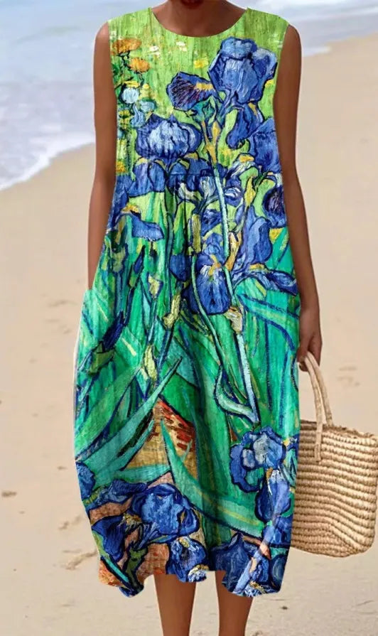 Round Neck Sleeveless 3D Floral Print Loose A-Line Midi Dress