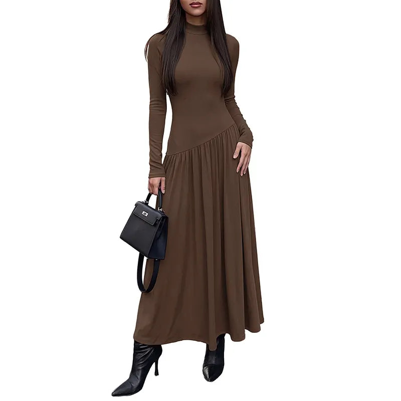 Brown Ribbed Mock Neck Long Sleeve Maxi Dress | Fitted Bodice Pleated Flowy Long Dress