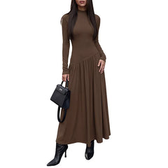 Brown Ribbed Mock Neck Long Sleeve Maxi Dress | Fitted Bodice Pleated Flowy Long Dress