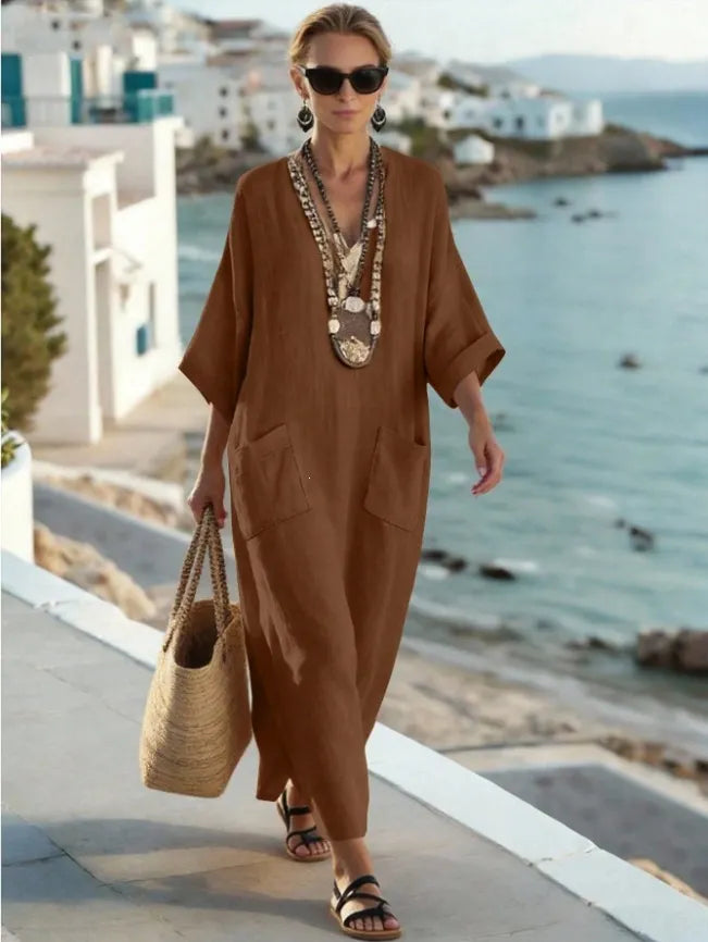V Neck Seven-Quarter Sleeve Pocket Side Slit Loose Woven Maxi A-Line Dress
