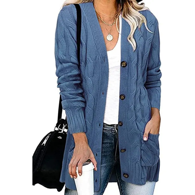 Casual Long Sleeve Cable Knit Cardigan Ladies Mid Length Open Front Button Sweater Jacket