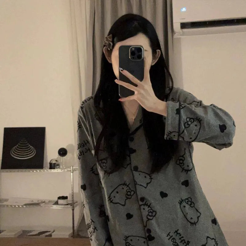 Dark Grey Cartoon Cat Pattern Pajamas, Long Sleeve Collared Button Top & Matching Pants Nightwear