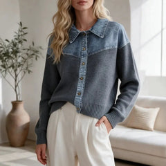 Western Style Denim & Knit Patchwork Sweater, Long Sleeve Button Front Contrast Collar Knit Jacket