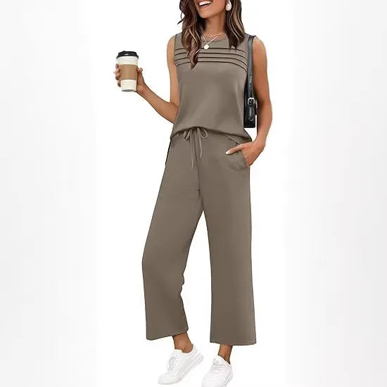 Solid Sleeveless Striped Detail Tank Top & Drawstring Cropped Pants