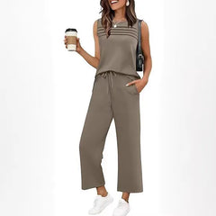 Solid Sleeveless Striped Detail Tank Top & Drawstring Cropped Pants