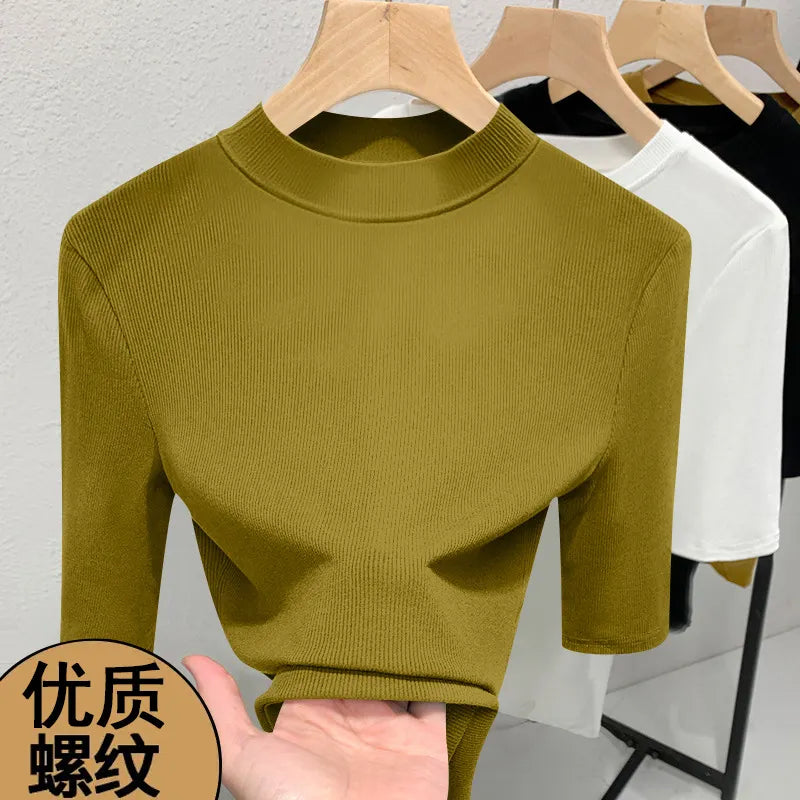 Solid Color Half High Neck Medium Sleeve Slim Fit T-Shirt