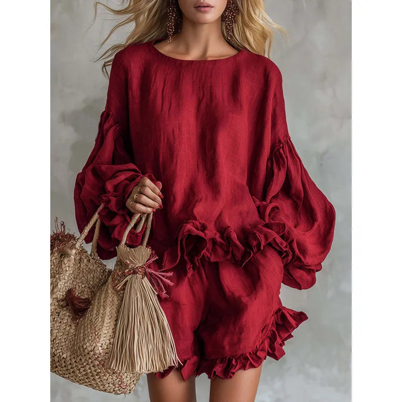 Solid Color Ruffle Trim Lantern Sleeve Top & Shorts Set