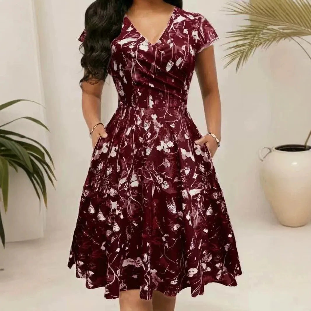 Round Neck Floral Print High Waist Flare Midi Dress