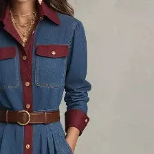 Color Block Denim Maxi Dress, Lapel Collar Long Sleeve Button Down Belted Pleated Shirt Dress