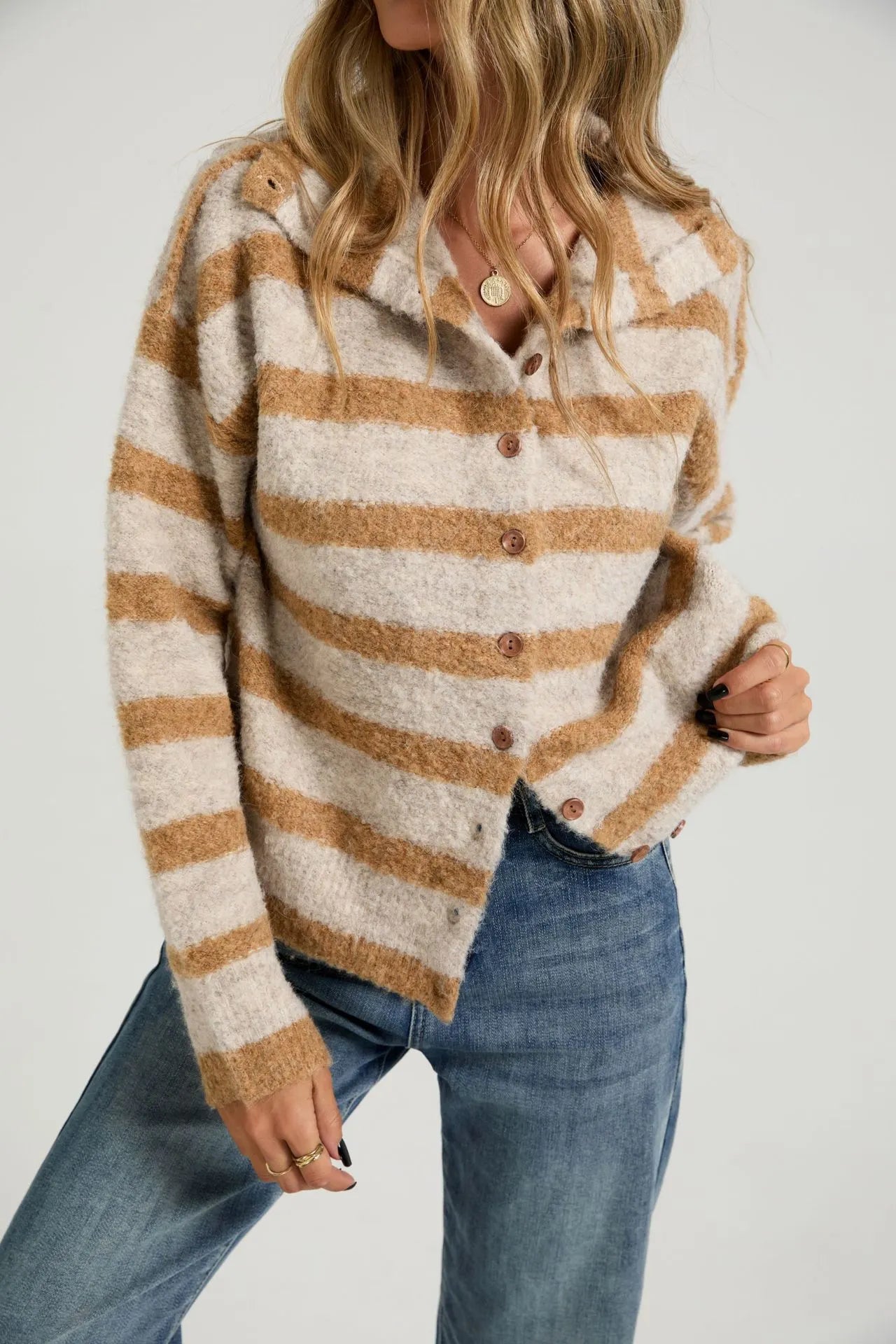 Casual Striped Collared Knit Cardigan Long Sleeve Button Front Sweater for Women