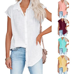 White Sleeveless Button Down Shirt, Loose Fit Linen Blend Blouse for Summer