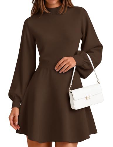 Elegant Mock Neck Knit Dress, Puff Sleeve A-line Mini Dress for Autumn Outfit