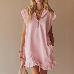 Zip Detail Ruffle Hem Sleeveless Shift Mini Dress
