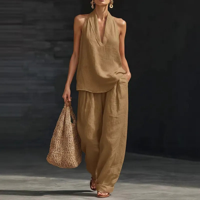 Solid Halter Neck Sleeveless Top & Wide Leg Pants Two-Piece Set