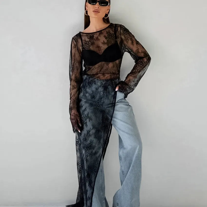 Round Neck Long Sleeve Sheer Lace Asymmetric Slit Maxi Dress