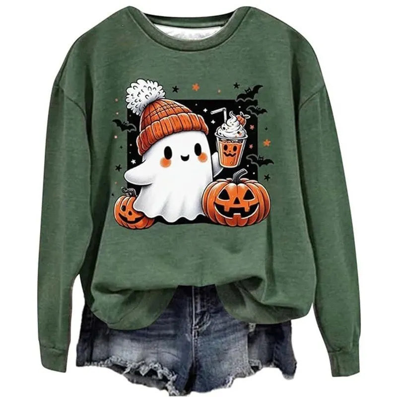 Halloween Ghost Pumpkin Print Crew Neck Sweatshirt