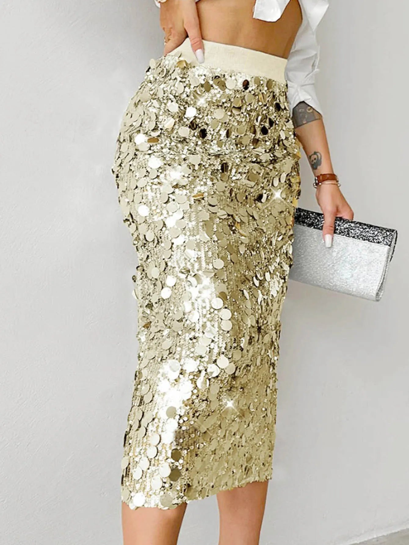 Silver Round Sequin Elastic Waist Midi Pencil Skirt