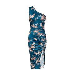 Blue Floral One-Shoulder Ruched Slit Maxi Dress