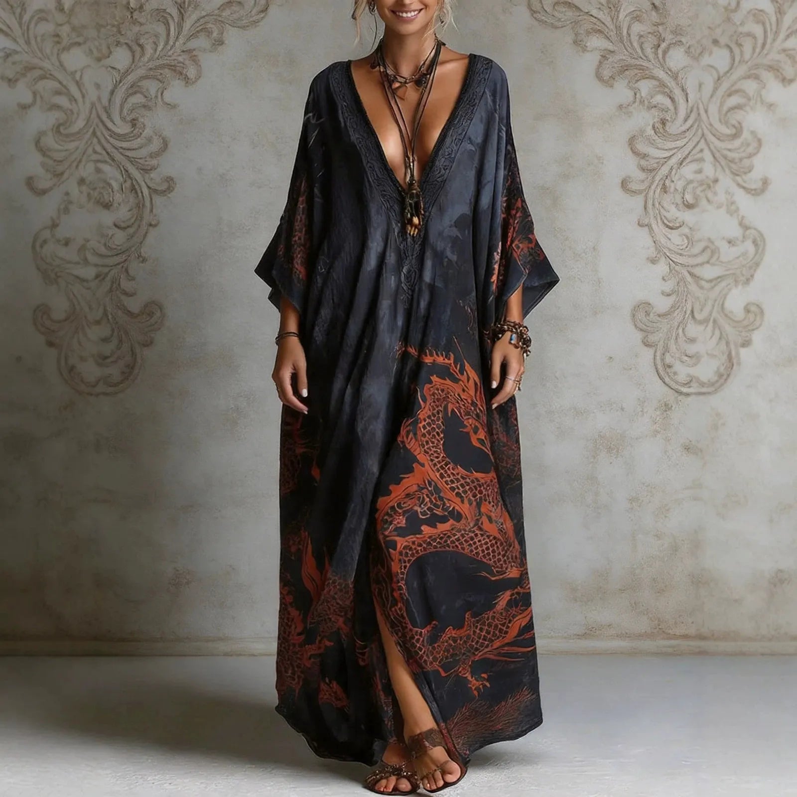 Navy Dragon Print Deep V Neck Bat Sleeve Loose Long Dress