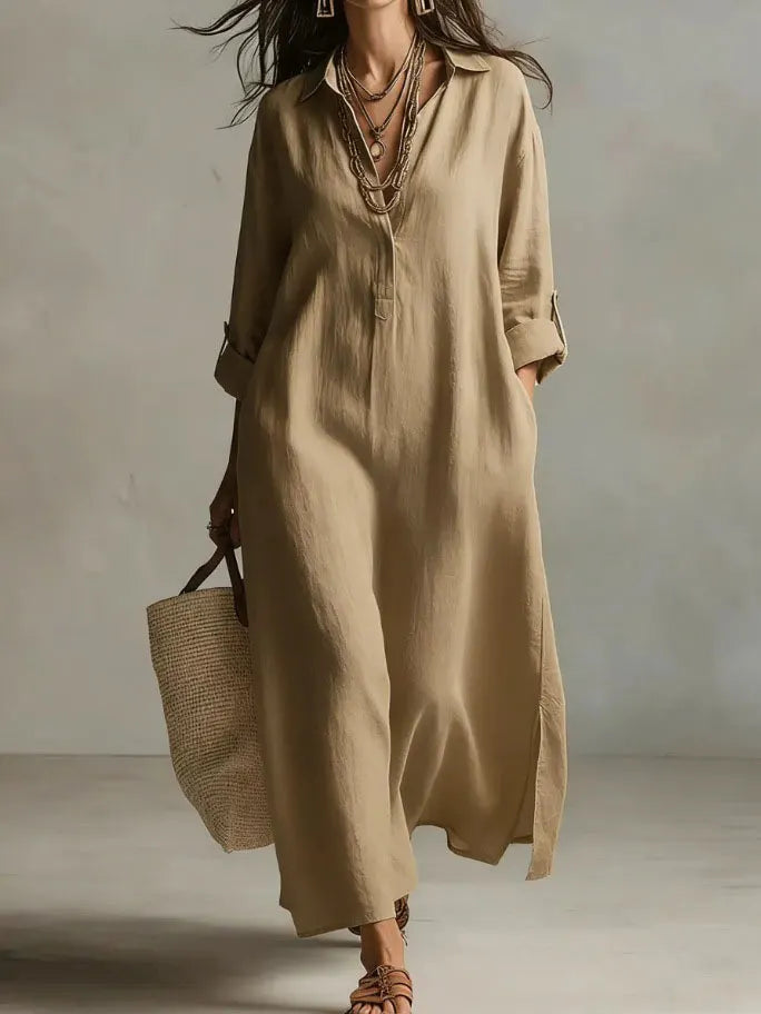 Shirt Collar Seven-Quarter Sleeve Loose Cotton Linen A-Line Maxi Shirt Dress