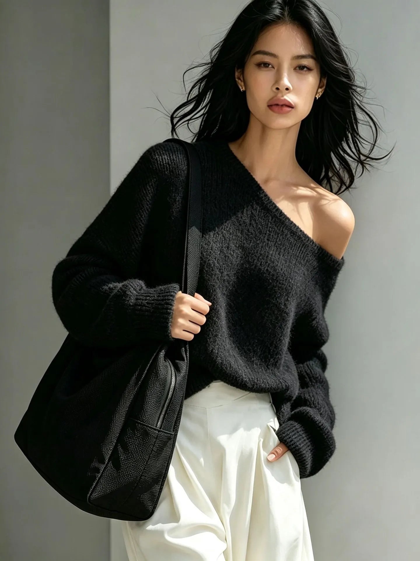Casual Grey Off Shoulder Oversized Knit Top Loose Long Sleeve Pullover Sweater Fall Fashion