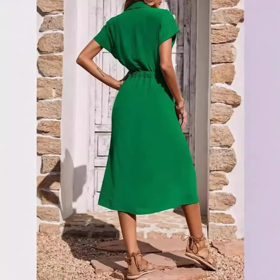 Green Tie-Waist Button-Front Shirt Maxi Dress