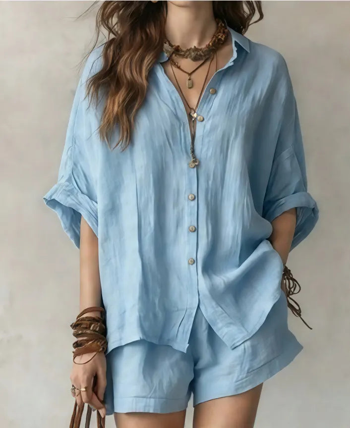 Collared Roll Sleeve Oversized Linen Shirt + Elastic Waist Shorts 2 Piece Casual Set