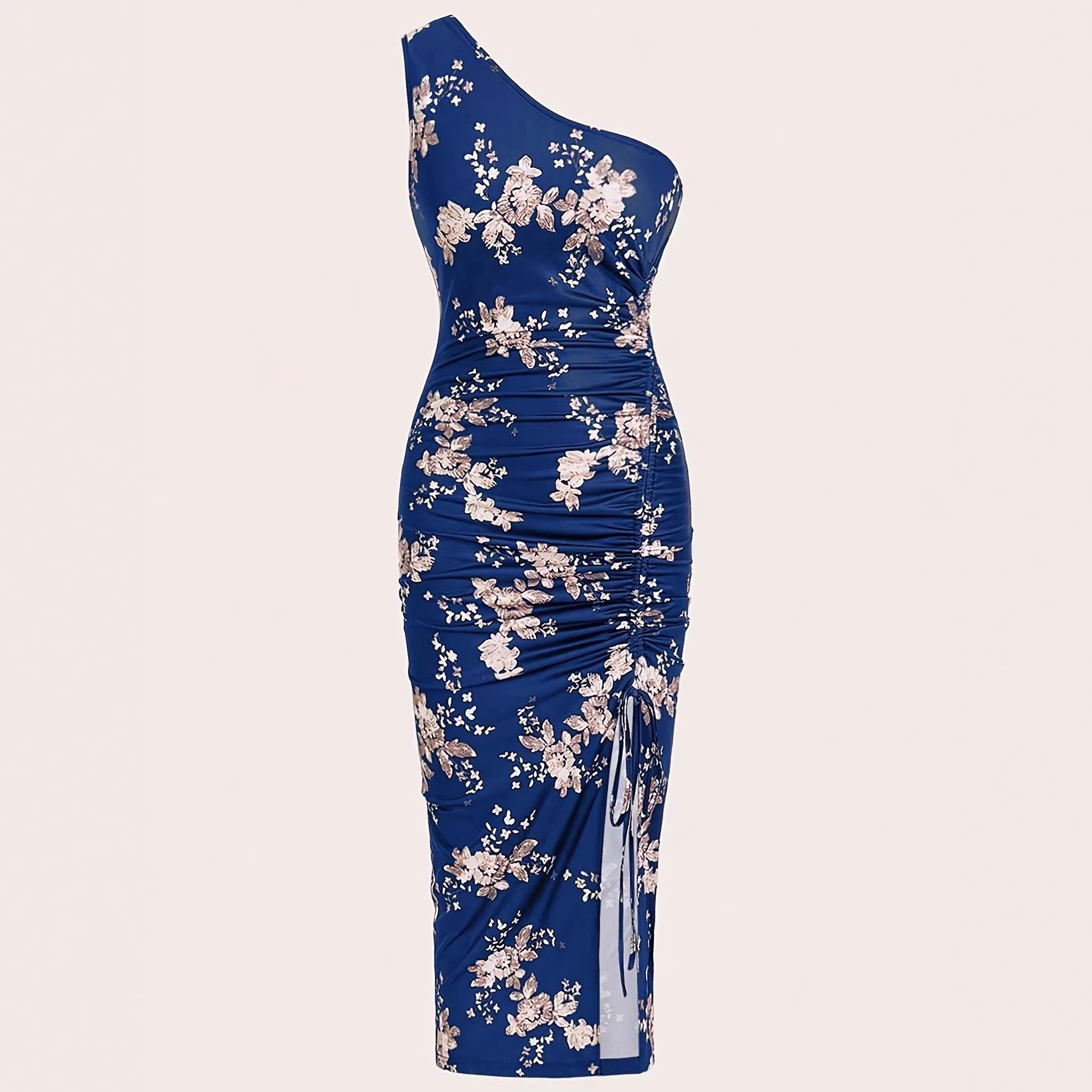 Blue Floral One-Shoulder Ruched Slit Maxi Dress