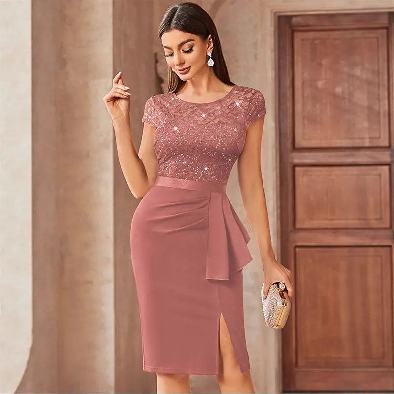 Burgundy Lace & Sequin Bodycon Evening Dress