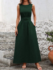 Sleeveless Round Neck Self Tie Waist Midi Dress