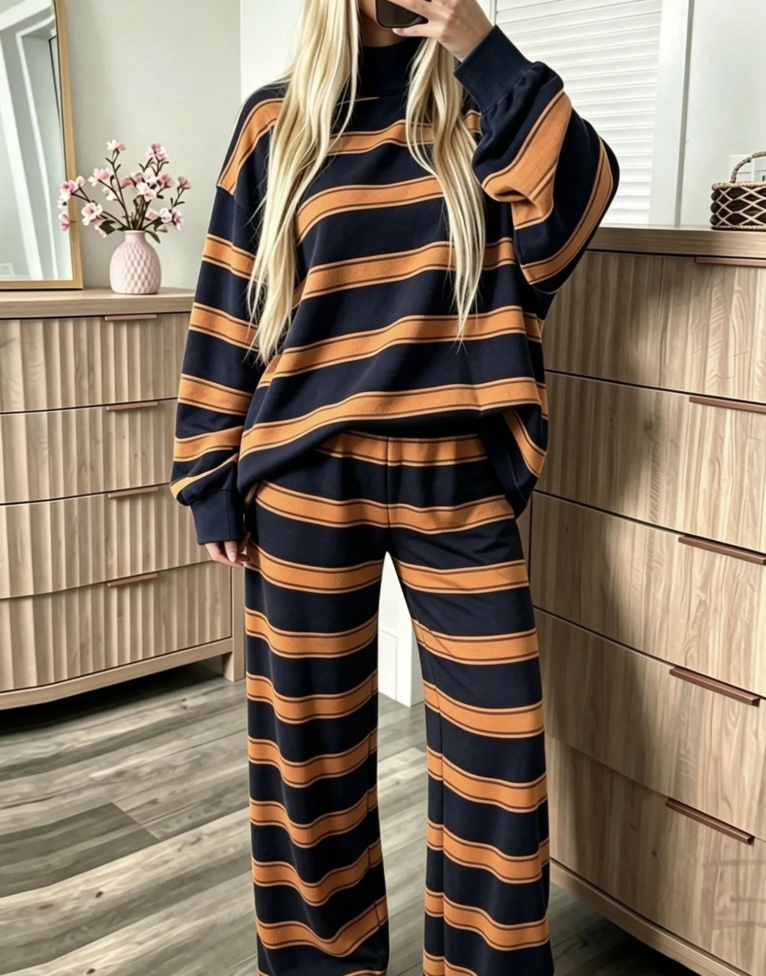 Casual Striped Matching Two Piece Set, Cozy Mock Neck Sweatshirt and Wide Leg Trousers