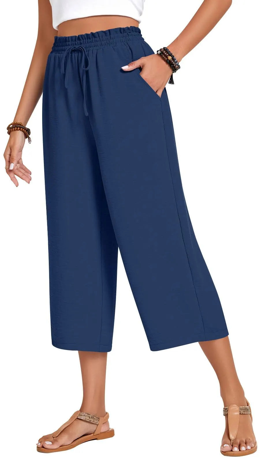 Matching Flowy Linen Look Floral Print Drawstring High Waist Loose Cropped Casual Daily Outfit Pants